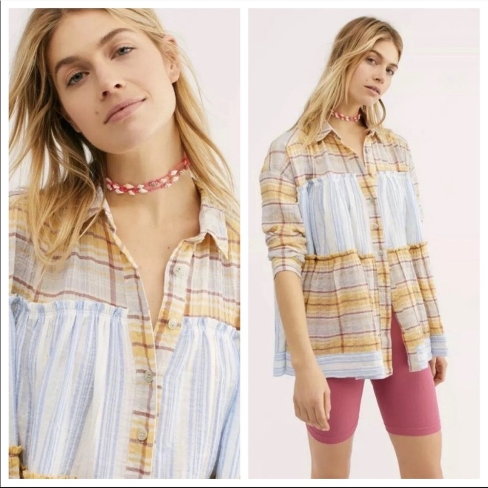 FREE PEOPLE plaid Waiting on Summer Tunic Flowy Oversized XS